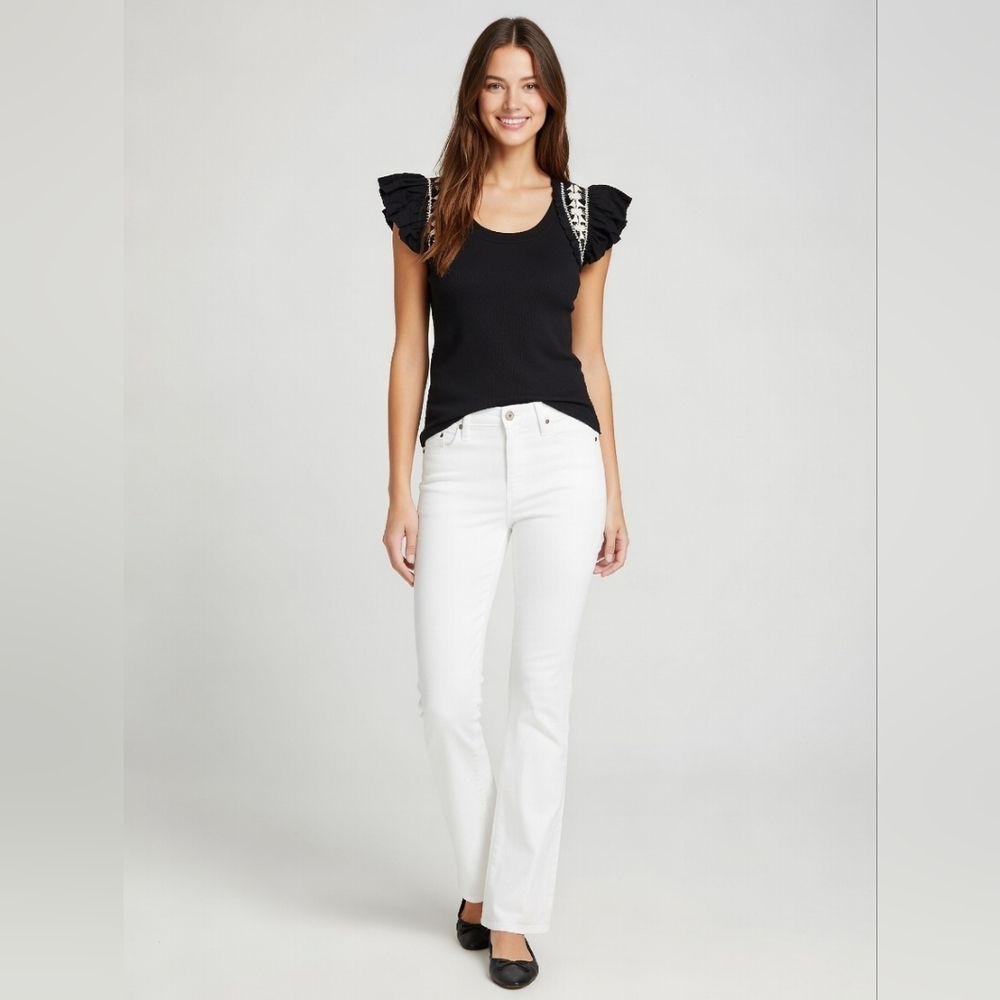 Cleobella Black Ruffled Sleeve Knit Tee with Embroidered Trim